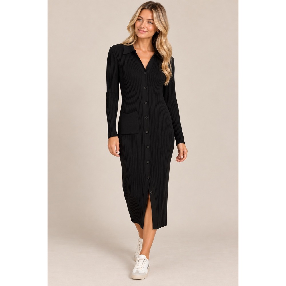 MELI Black Ribbed Button Front Midi Sweater Dress Collared Pocket M NWT